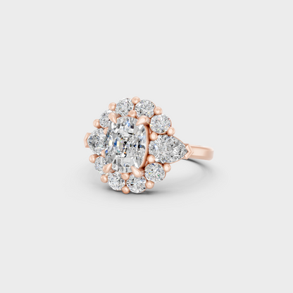 Distinctive 4.12 Carat Multishape (Cushion, Round, Pear) Cut Lab-Grown Diamond Halo Ring in 18K Rose Gold.