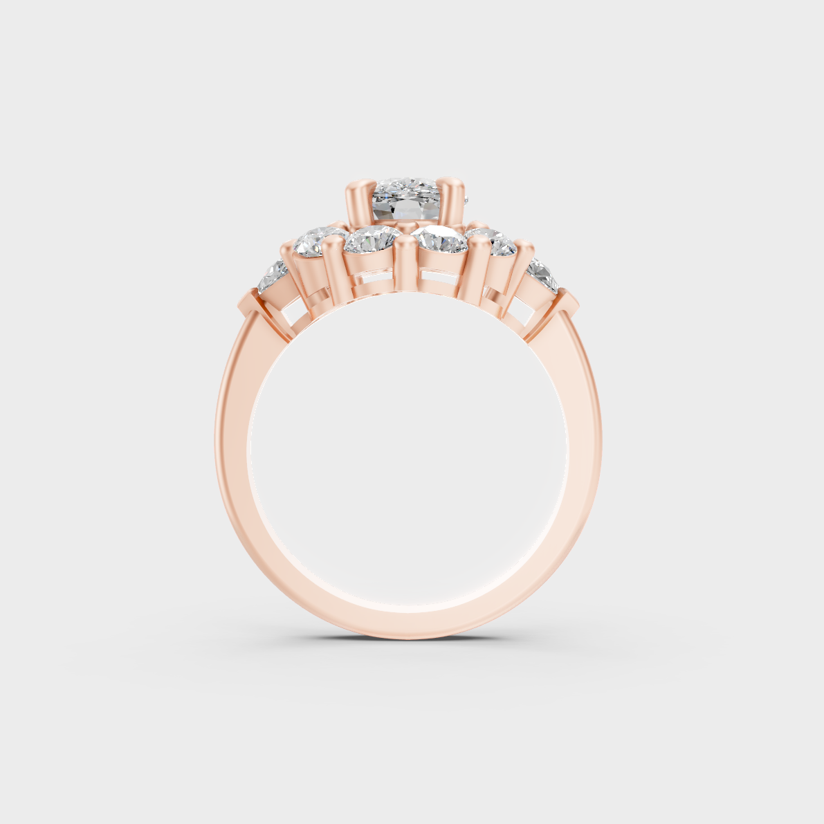 Unique 4.12 Carat Cushion, Round & Pear Cut Lab-Grown Diamond Halo Ring in 9K Rose Gold.