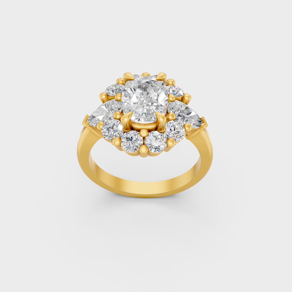 Majestic 4.12 Ct Multishape Lab-Grown Diamond Engagement Ring featuring brilliant halo accents in 14K Yellow Gold.