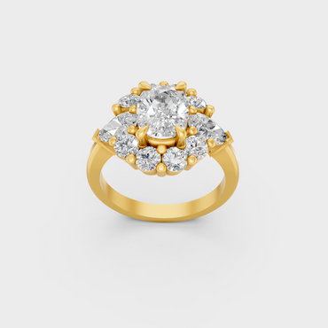 Majestic 4.12 Ct Multishape Lab-Grown Diamond Engagement Ring featuring brilliant halo accents in 14K Yellow Gold.