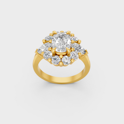 Majestic 4.12 Ct Multishape Lab-Grown Diamond Engagement Ring featuring brilliant halo accents in 14K Yellow Gold.