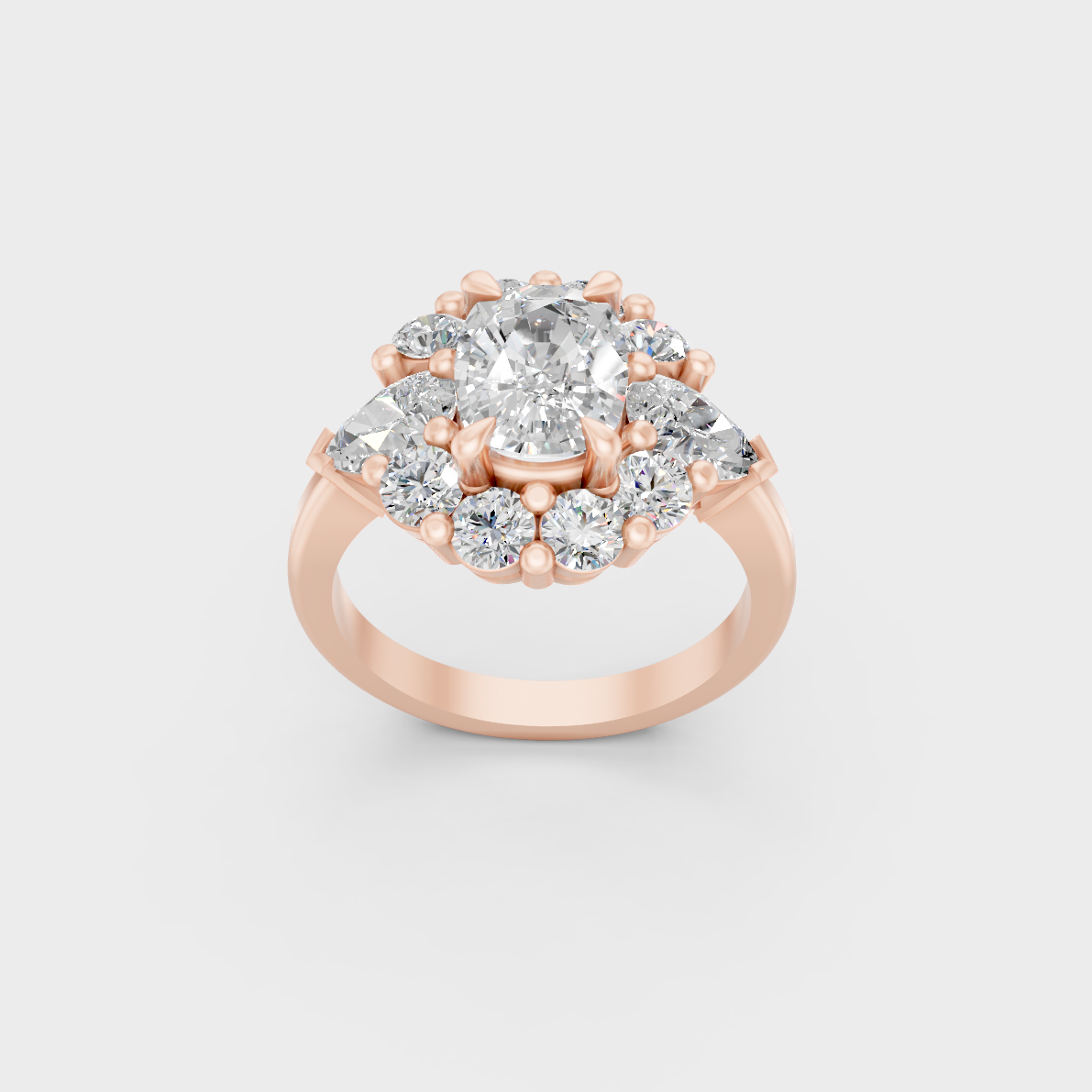 Exquisite 4.12 Ct Multishape Lab-Grown Diamond Engagement Ring, polished 14K Rose Gold finish.