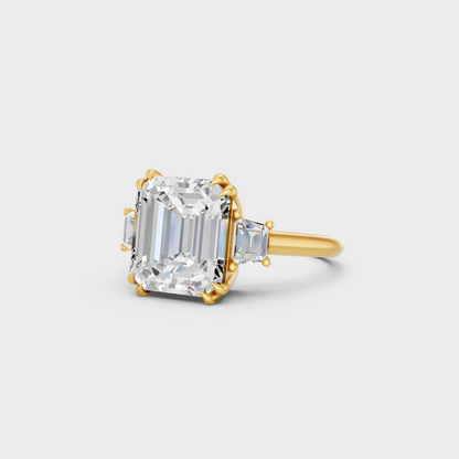 Certified 4.28 Carat Emerald and Baguette-Cut Lab-Grown Diamond Three-Stone Ring in 18K Yellow Gold.