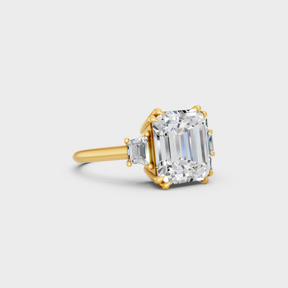 Custom 4.28 Carat Certified Lab-Grown Diamond Three-Stone Ring, handcrafted in 14K Yellow Gold.