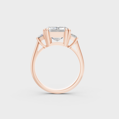 Unique 4.28 Carat Emerald and Baguette-Cut Lab-Grown Diamond Three-Stone Ring with modern appeal in 9K Rose Gold.