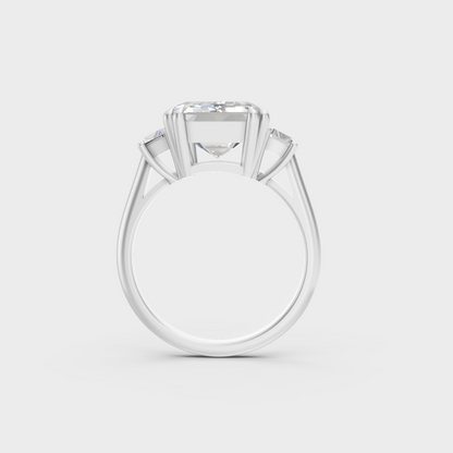 Modern 4.28 Carat Emerald and Baguette-Cut Lab-Grown Diamond Three-Stone Ring in a sleek 9K White Gold design.