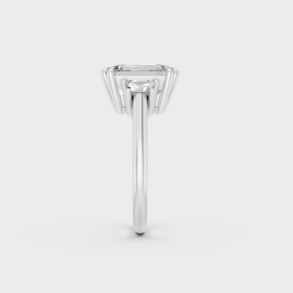 Certified 4.28 Carat Emerald and Baguette-Cut Lab-Grown Diamond Three-Stone Ring in 950 Platinum.