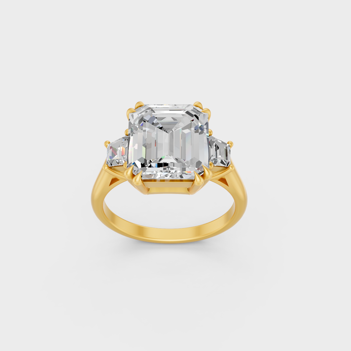 Majestic 4.28 Ct Emerald and Baguette Lab-Grown Diamond Engagement Ring in a polished 14K Yellow Gold setting.
