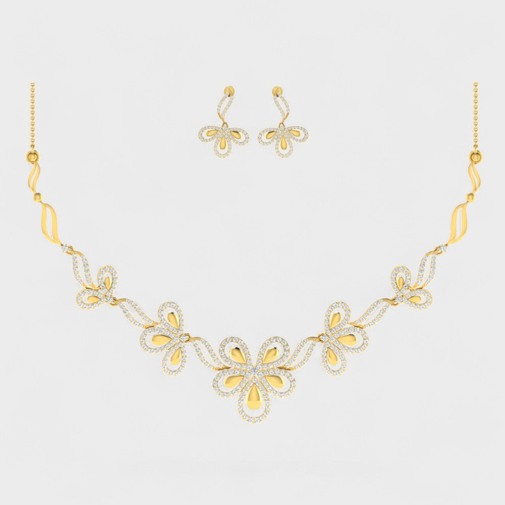 Lab-Grown Round Cut Diamond Necklace Set with Earrings in Yellow Gold