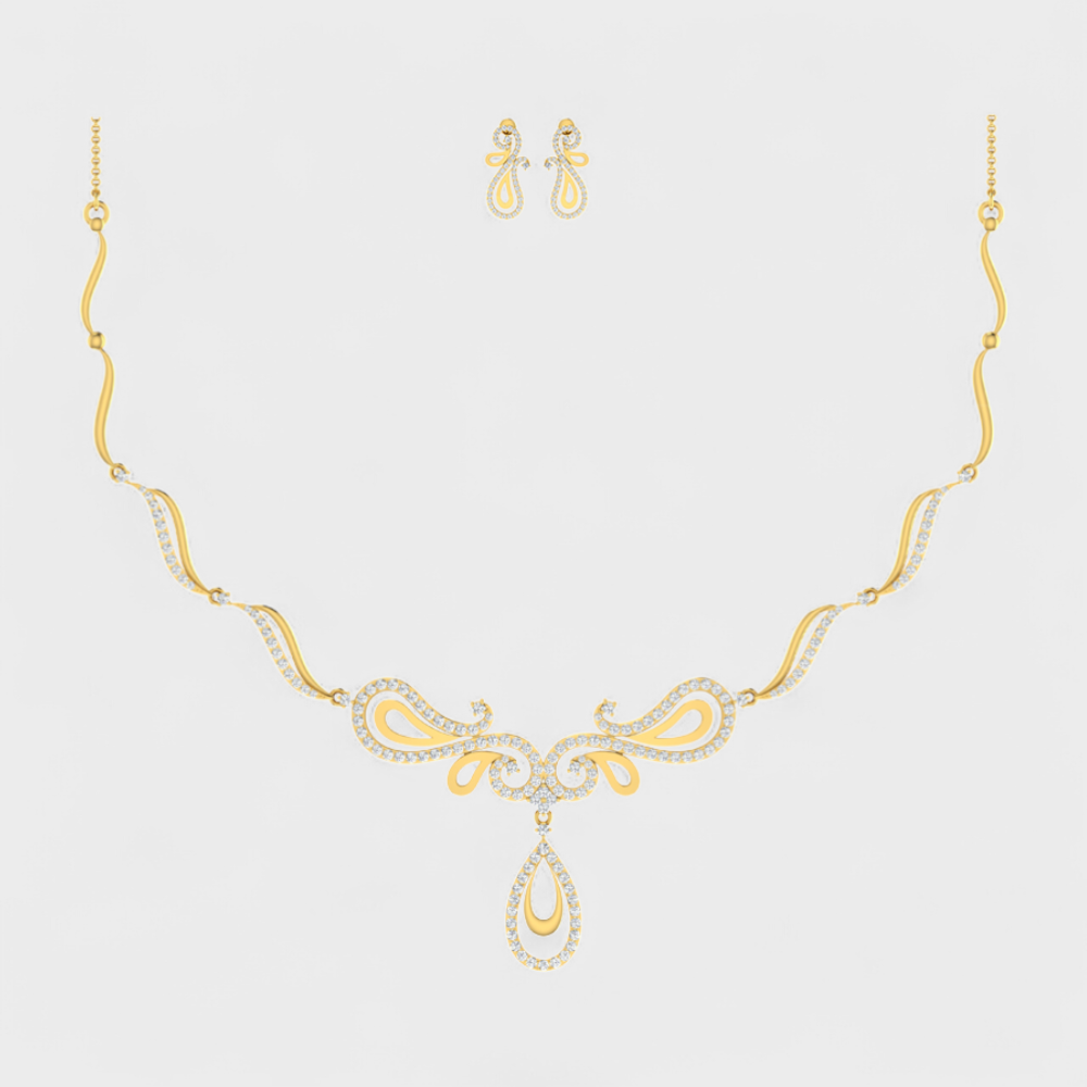 Lab-Grown Round Cut Diamond Necklace Set with earring  in Yellow Gold Luxury Jewellery