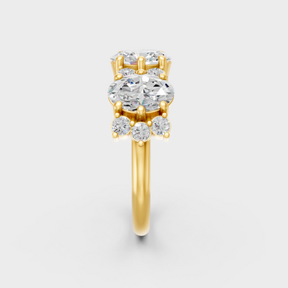 Close-Up View of 2.30 Ct Oval and Round Lab-Grown Diamond Band with warm 18K Yellow Gold band.