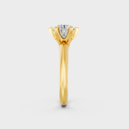 Close-Up View of 1.50 Ct Round Lab-Grown Diamond Solitaire Ring with warm 18K Yellow Gold band.