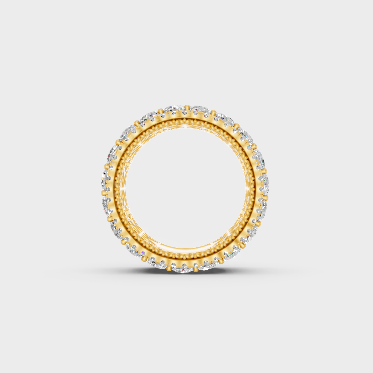 Close-Up View of 6 Ct Round Lab-Grown Diamond Band with warm 18K Yellow Gold band.