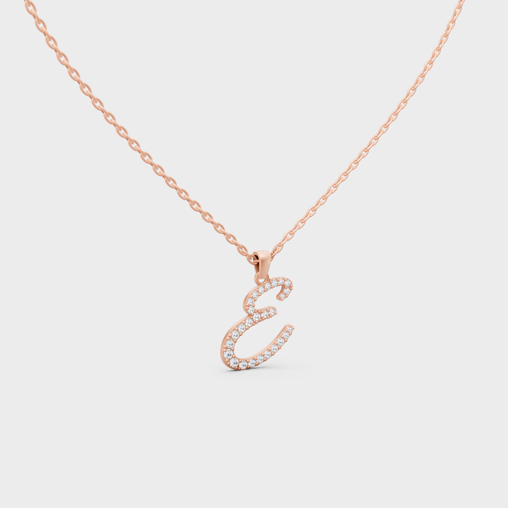 Blush Pink 14K Rose Gold Letter E Initial Necklace Set with Brilliant Round Lab Diamonds