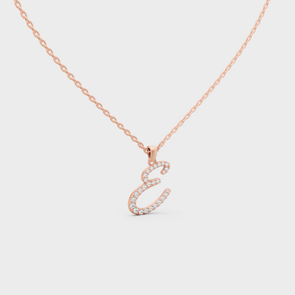 Blush Pink 14K Rose Gold Letter E Initial Necklace Set with Brilliant Round Lab Diamonds