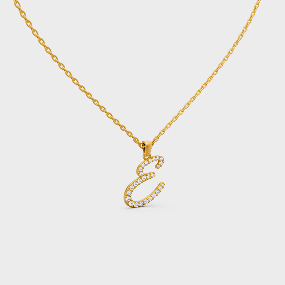 Close Up of Initial Letter E Sustainable Diamond Pendant and 18K Yellow Gold Chain
