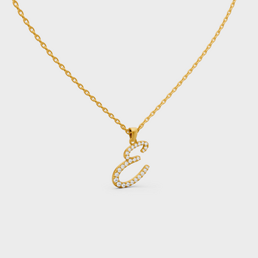 Close Up of Initial Letter E Sustainable Diamond Pendant and 18K Yellow Gold Chain