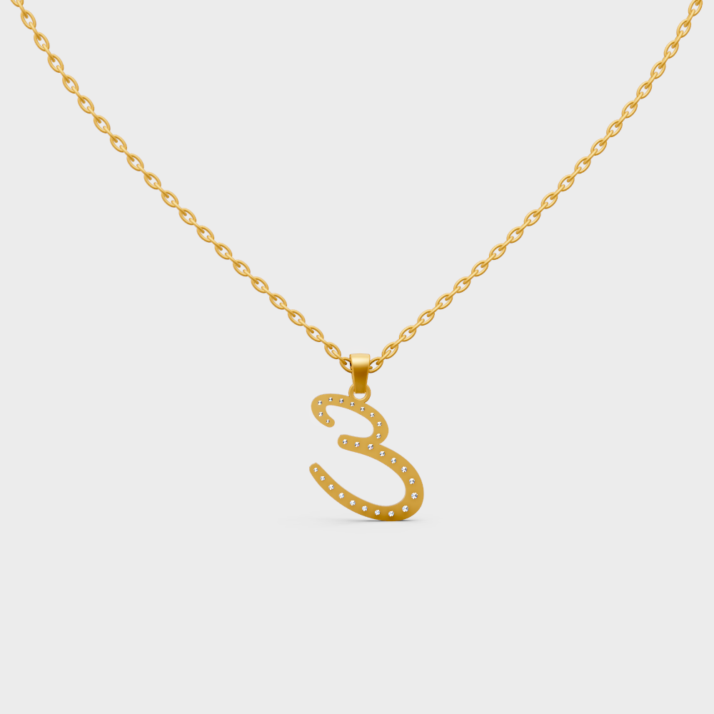 Model Wearing Capital Letter E Lab Created Diamond Necklace in 9K Yellow Gold