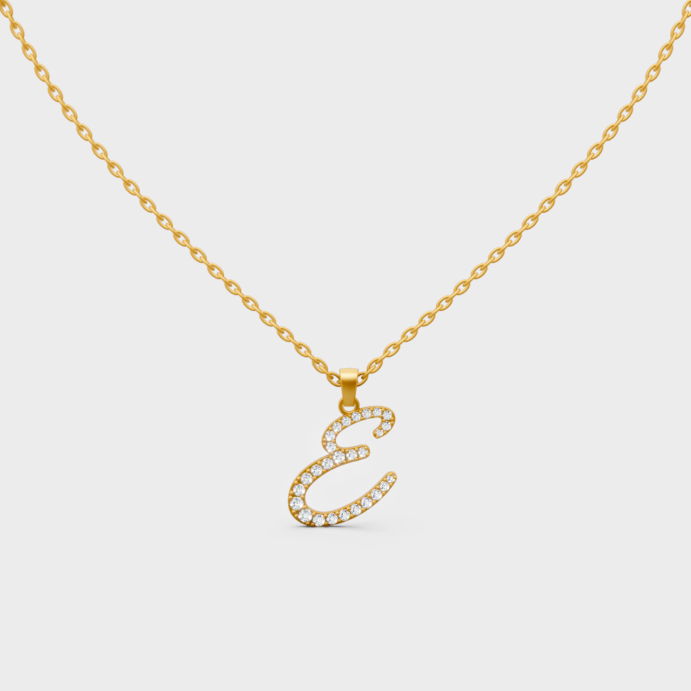 Front View of "E" Alphabet Lab Grown Diamond Pendant with Matching Yellow Gold Chain