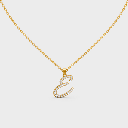 Front View of "E" Alphabet Lab Grown Diamond Pendant with Matching Yellow Gold Chain