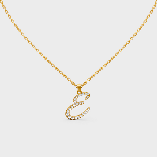 Front View of "E" Alphabet Lab Grown Diamond Pendant with Matching Yellow Gold Chain