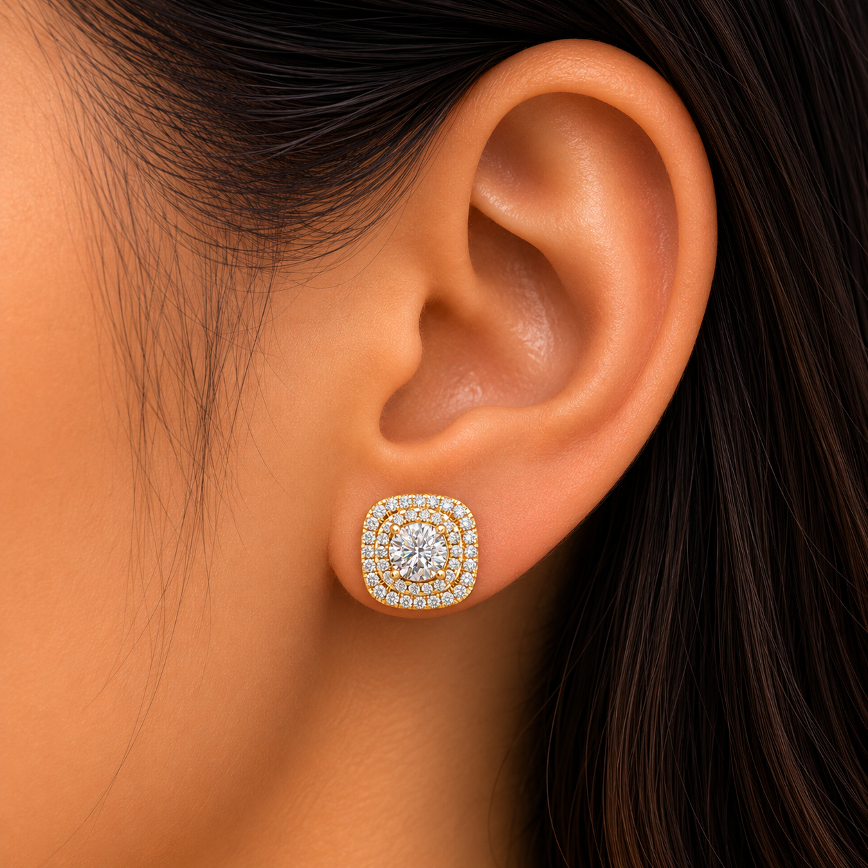 Double Halo Round Lab Grown Diamond Stud Earrings In 14K Yellow Gold