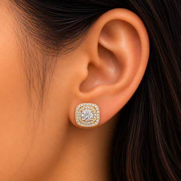 Double Halo Round Lab Grown Diamond Stud Earrings In 14K Yellow Gold