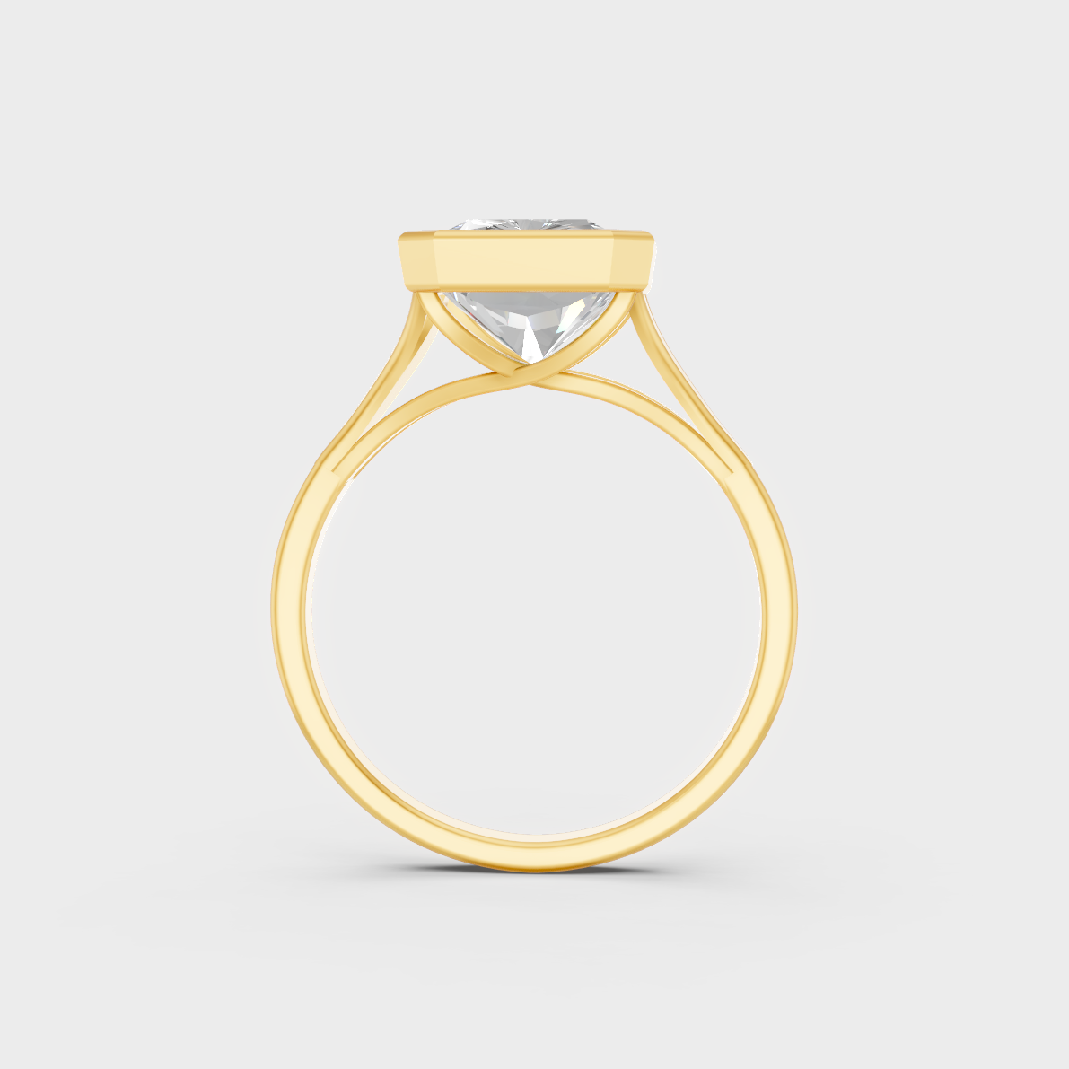 Close-Up View of 8 Ct Radiant Lab-Grown Diamond Solitaire Ring with warm 18K Yellow Gold band.