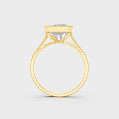 Close-Up View of 8 Ct Radiant Lab-Grown Diamond Solitaire Ring with warm 18K Yellow Gold band.