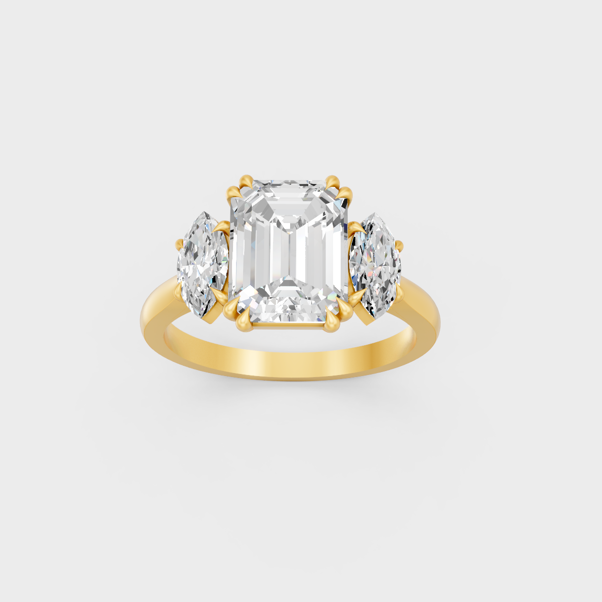 Majestic 3.14 Ct Emerald and Marquise Lab-Grown Diamond Engagement Ring in a polished 14K Yellow Gold setting.