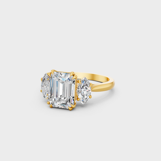 Certified 3.14 Carat Emerald and Marquise-Cut Lab-Grown Diamond Three-Stone Ring in 18K Yellow Gold.