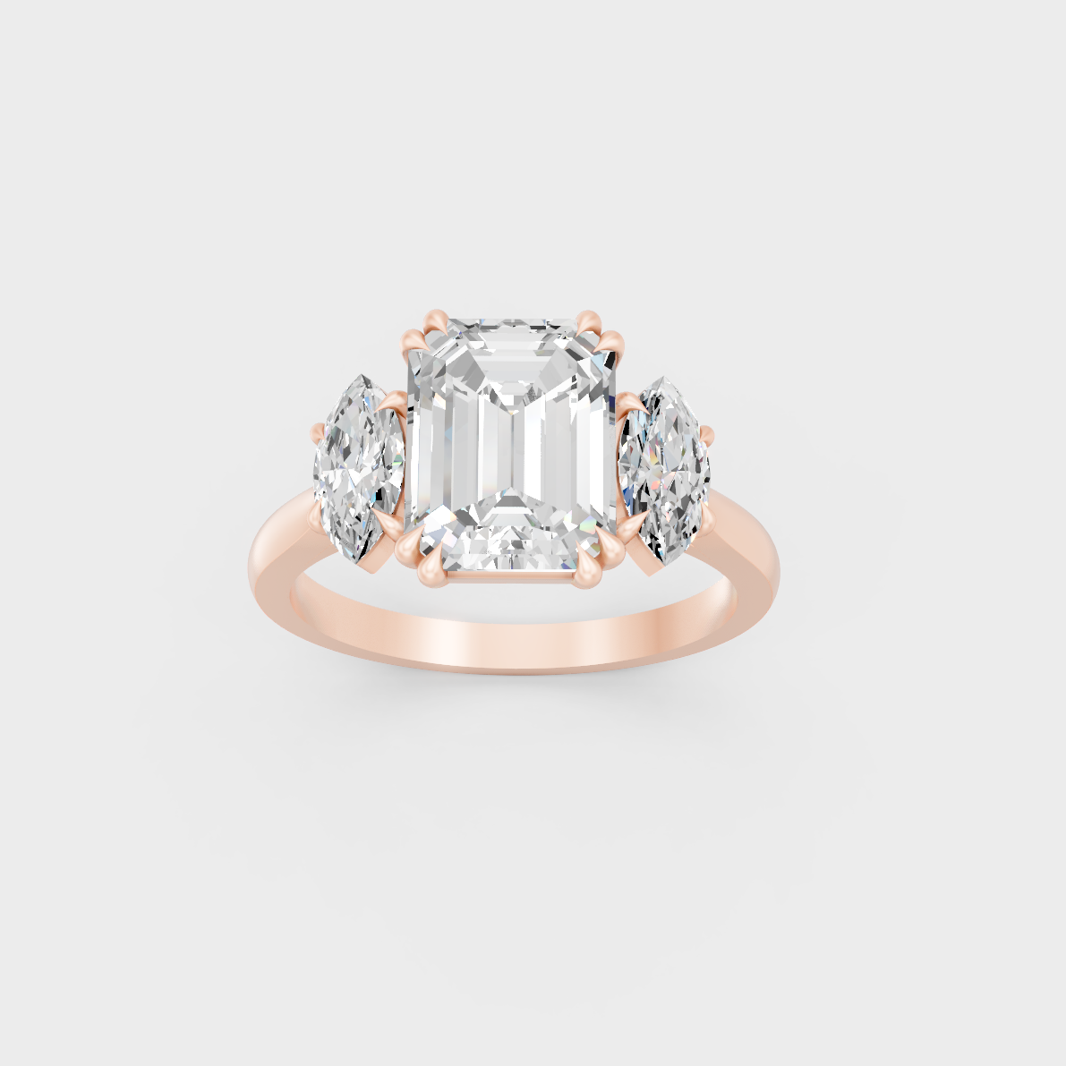 Exquisite 3.14 Ct Emerald and Marquise Lab-Grown Diamond Engagement Ring, polished 14K Rose Gold finish.