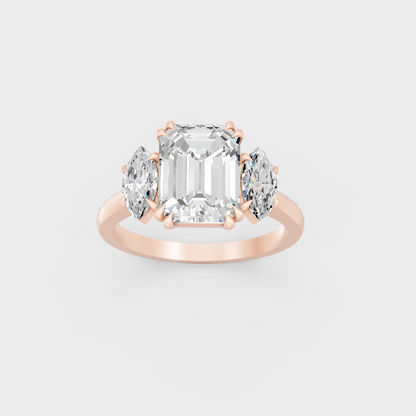 Exquisite 3.14 Ct Emerald and Marquise Lab-Grown Diamond Engagement Ring, polished 14K Rose Gold finish.