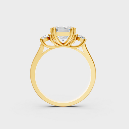 Luxury 3.14 Carat Emerald and Marquise Three-Stone Ring with architectural styling in 9K Yellow Gold.