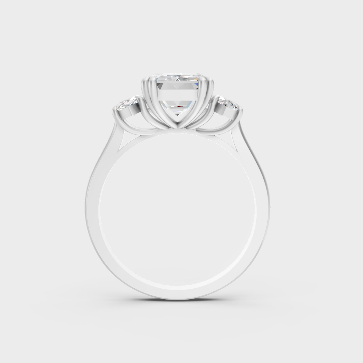 Certified 3.14 Carat Emerald and Marquise-Cut Lab-Grown Diamond Three-Stone Ring in 18K White Gold.