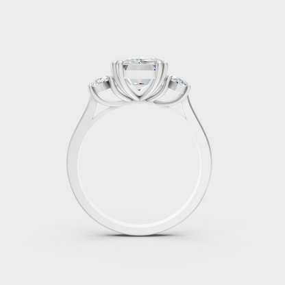 Certified 3.14 Carat Emerald and Marquise-Cut Lab-Grown Diamond Three-Stone Ring in 18K White Gold.