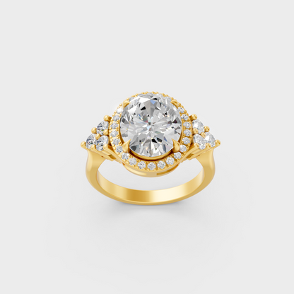Majestic 4.37 Ct Oval and Round Lab-Grown Diamond Engagement Ring with sparkling halo in a polished 14K Yellow Gold setting.