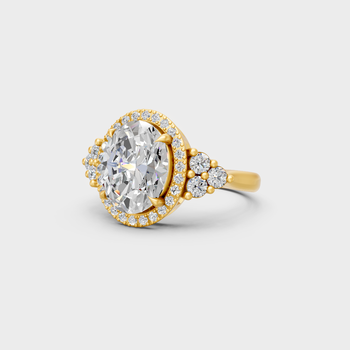 Certified 4.37 Carat Oval and Round-Cut Lab-Grown Diamond Halo Ring in 18K Yellow Gold.