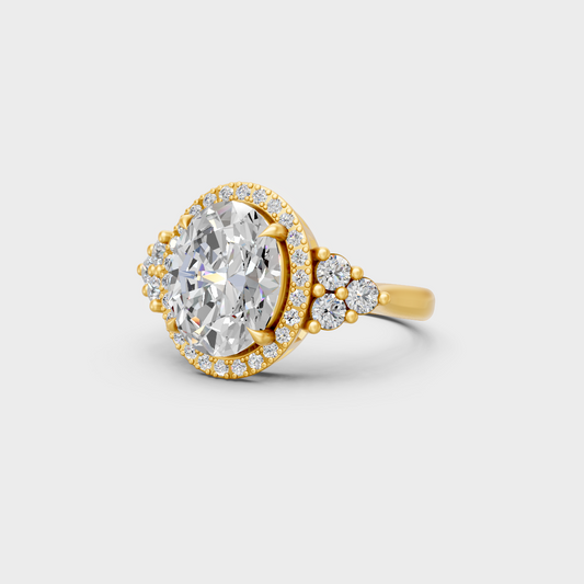 Certified 4.37 Carat Oval and Round-Cut Lab-Grown Diamond Halo Ring in 18K Yellow Gold.