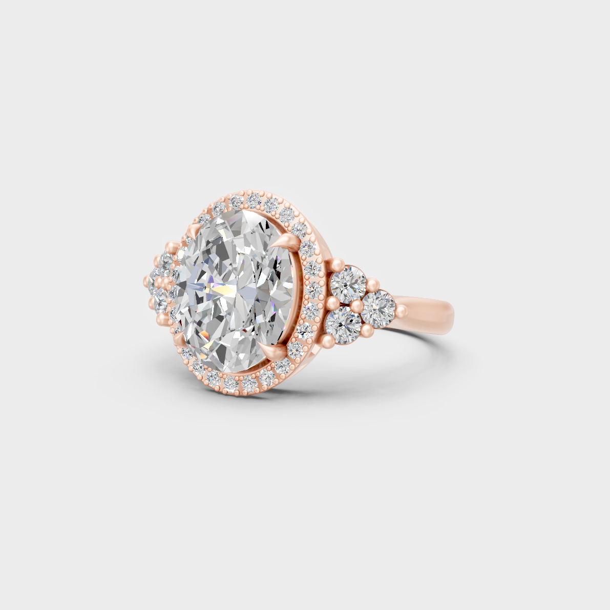 Distinctive 4.37 Carat Oval and Round-Cut Lab-Grown Diamond Halo Ring in 18K Rose Gold.