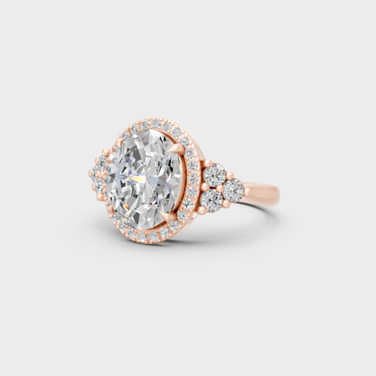 Distinctive 4.37 Carat Oval and Round-Cut Lab-Grown Diamond Halo Ring in 18K Rose Gold.