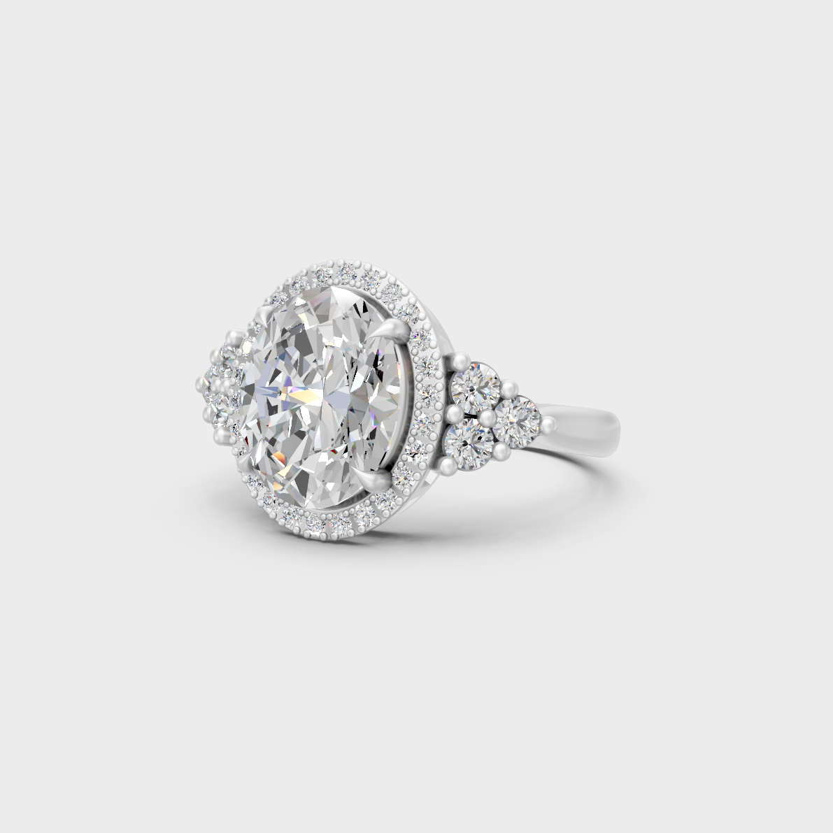 Certified 4.37 Carat Oval and Round-Cut Lab-Grown Diamond Halo Ring in 18K White Gold.