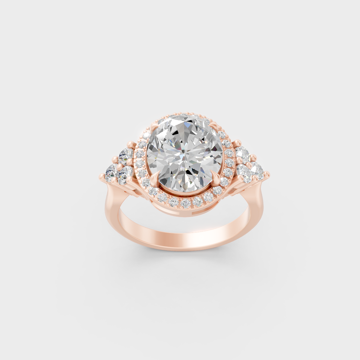 Stunning 4.37 Carat Oval and Round-Cut Lab-Grown Diamond Halo Ring in a 14K Rose Gold setting.