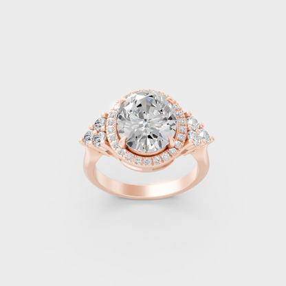 Stunning 4.37 Carat Oval and Round-Cut Lab-Grown Diamond Halo Ring in a 14K Rose Gold setting.