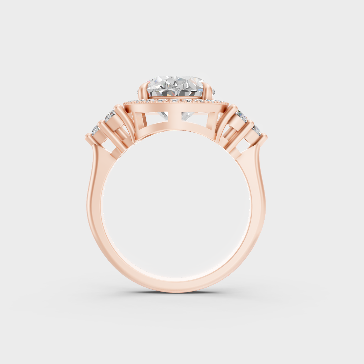 Ethical Luxury 4.37 Carat Oval and Round Lab-Grown Diamond Halo Ring, elegant statement in 18K Rose Gold.