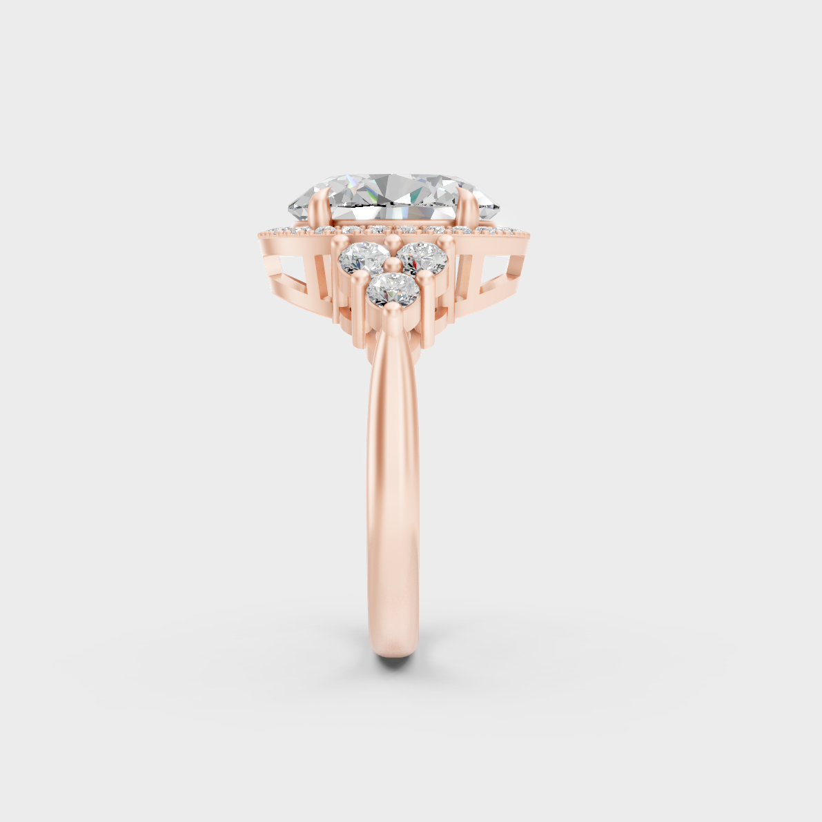 Unique 4.37 Carat Oval and Round-Cut Lab-Grown Diamond Halo Ring with modern appeal in 9K Rose Gold.