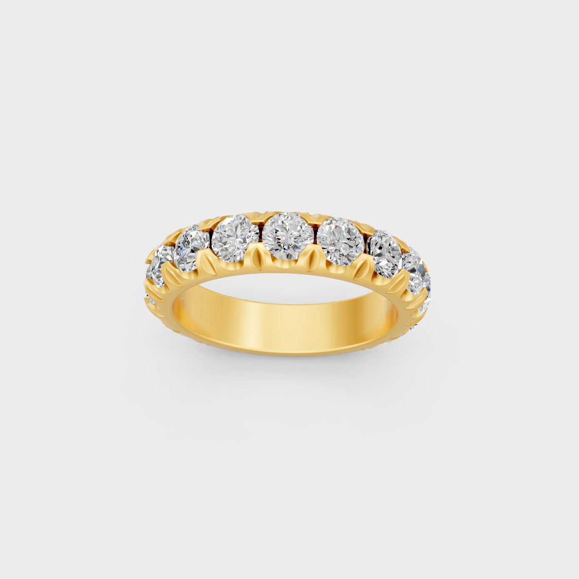 Close-Up View of 2.25 Ct Round Lab-Grown Diamond Band with warm 18K Yellow Gold band.