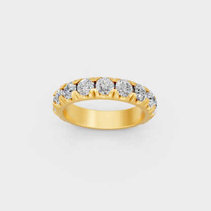 Close-Up View of 2.25 Ct Round Lab-Grown Diamond Band with warm 18K Yellow Gold band.
