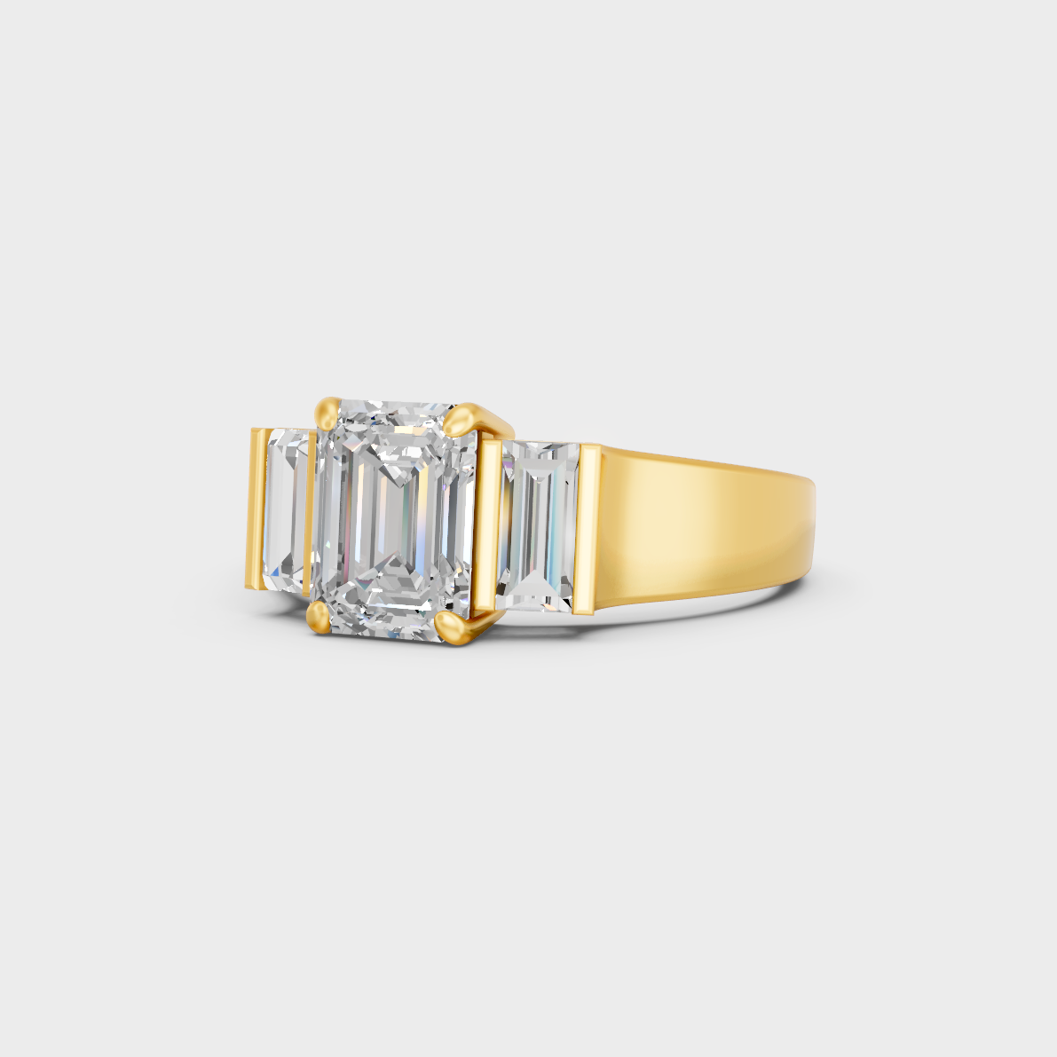 Certified 2.2 Carat Emerald and Baguette-Cut Lab-Grown Diamond Three-Stone Ring in 18K Yellow Gold.
