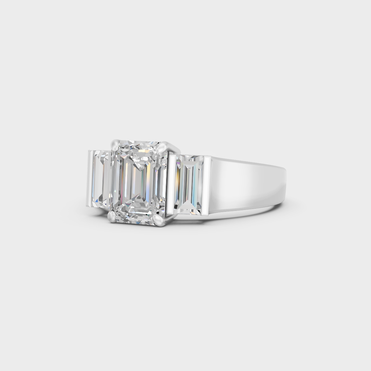 Certified 2.2 Carat Emerald and Baguette-Cut Lab-Grown Diamond Three-Stone Ring in 950 Platinum.